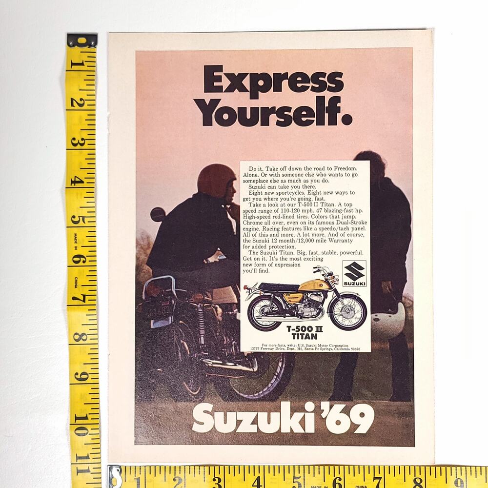 Suzuki '69 T-500 II Titan Express Yourself Print Ad 1969 Hot Rod Magazine 8.5x11